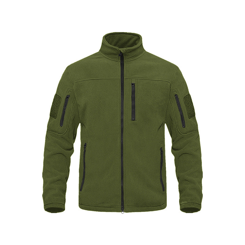Outdoor Sports Tactical Polar Fleece Jacket Men in military green color with multiple pockets and zip closure.