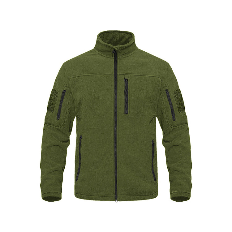 Outdoor Sports Tactical Polar Fleece Jacket Men in military green color with multiple pockets and zip closure.