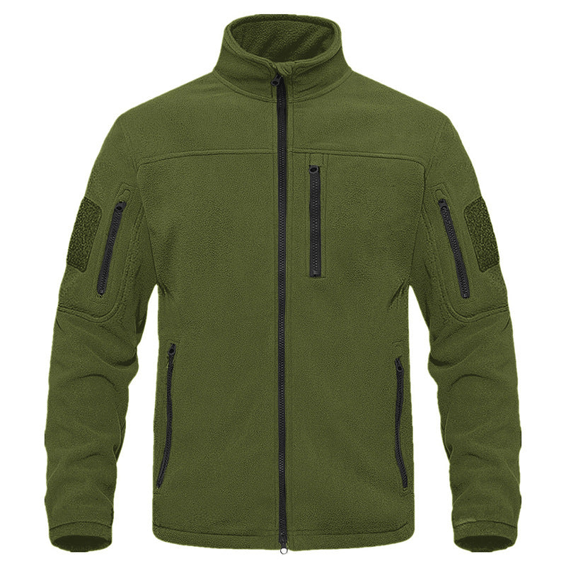 Outdoor Sports Tactical Polar Fleece Jacket Men in olive green, featuring zippered pockets and a comfy fit for outdoor activities.