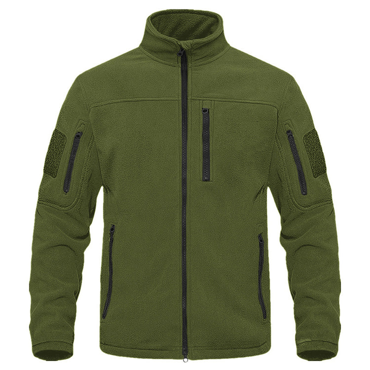 Outdoor Sports Tactical Polar Fleece Jacket Men in green color with multiple zippered pockets.