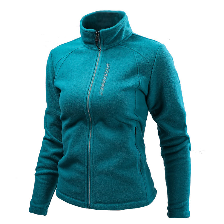Warm Custom Cardigan Outdoor Polar Fleece Jacket in teal for outdoor activities and cold-weather wear.