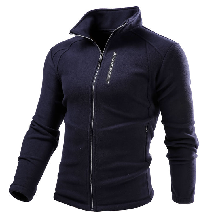 Warm Custom Cardigan Outdoor Polar Fleece Jacket in dark navy color, featuring a zip-up design and high-quality polar fleece material.